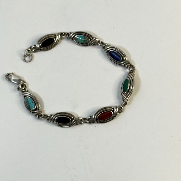 Vintage Boho SW 925 Silver Multi Stone Cabochon Link Bracelet 7" Turquoise Onyx - Picture 2 of 11